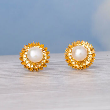 Sunflower Stud Earrings With Pearls, 5 of 10