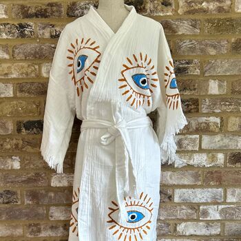 Organic Short Cotton Kimono: White With Orange And Blue Eye, 3 of 5