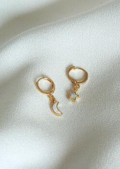 Opal Star And Moon Celestial Gold Huggie Hoop Earrings, 2 of 2