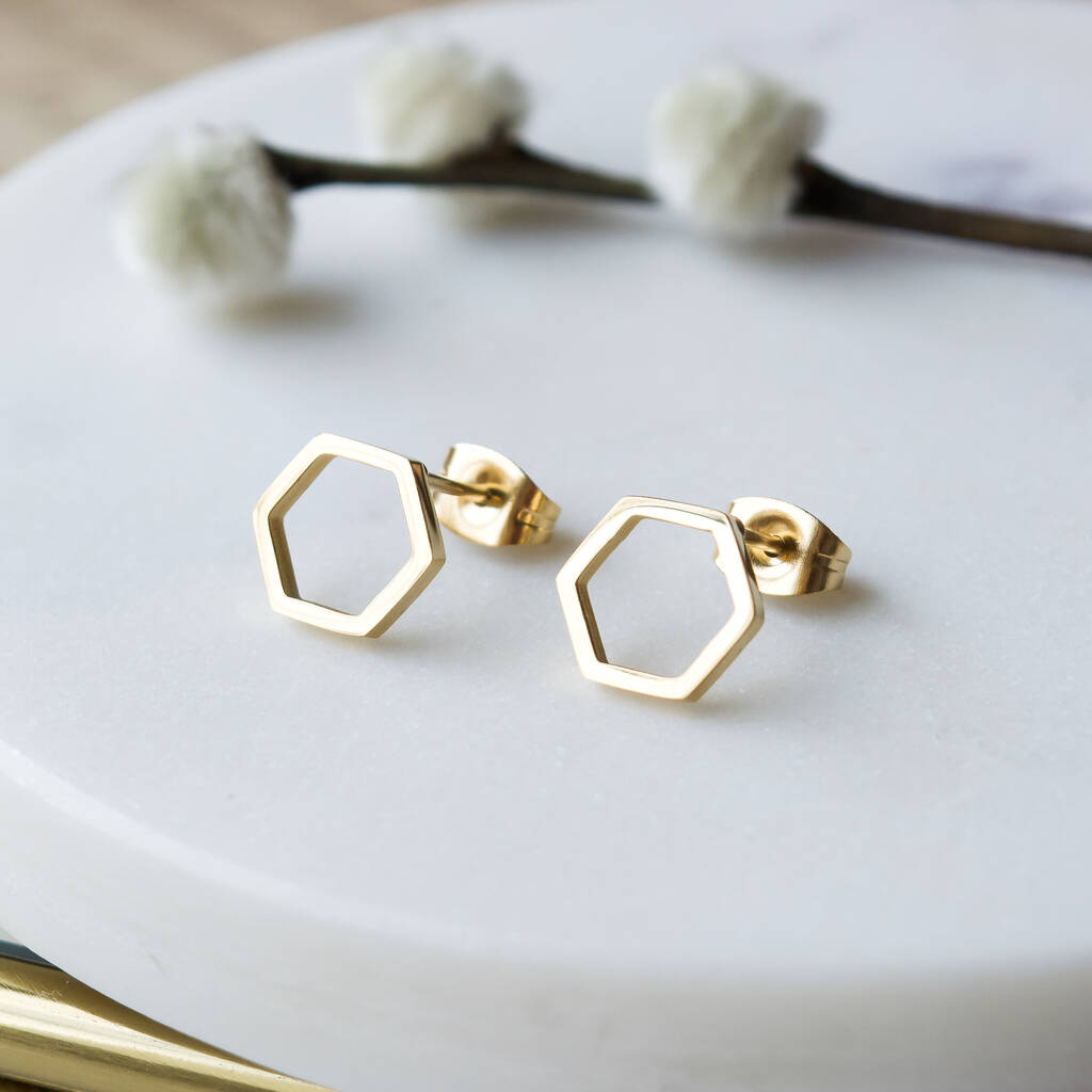 Hexagon 18ct Gold Sterling Silver Earring Studs By Florence London