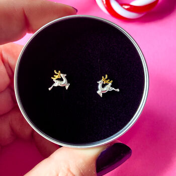 Silver Christmas Earrings, Reindeer Studs In A Tin, 2 of 8