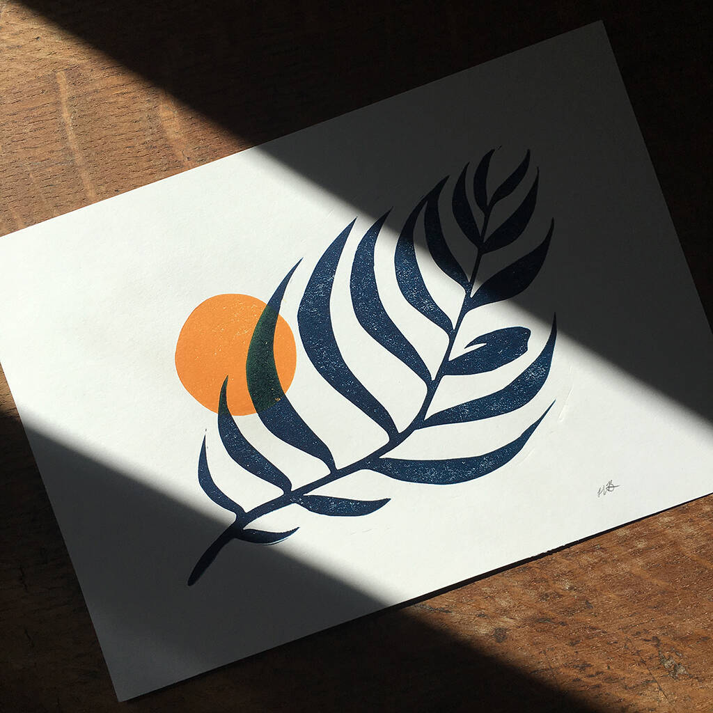 Palm & Sun Relief Lino Print A5 Orange and Blue