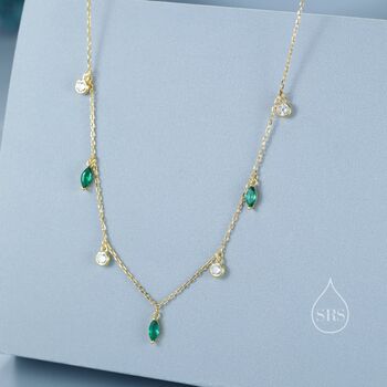 Sterling Silver Emerald Green Marquise Cz Dangle Necklace, 7 of 12