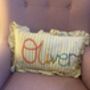 Hand Embroidered Personalised Cushion Green Stripe With Ruffle Trim, thumbnail 3 of 3