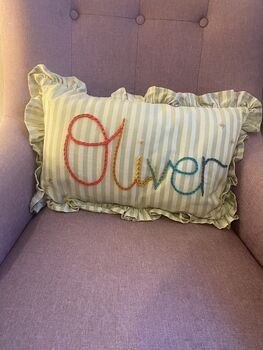 Hand Embroidered Personalised Cushion Green Stripe With Ruffle Trim, 3 of 3