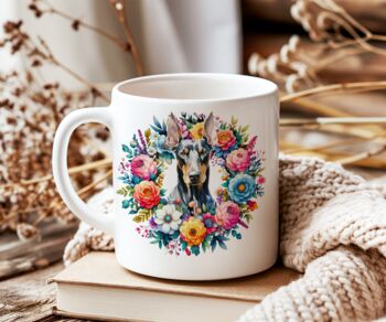 Personalised Doberman Summer Floral Dog Wreath Cushion And Mug Gift Bundle, 2 of 4