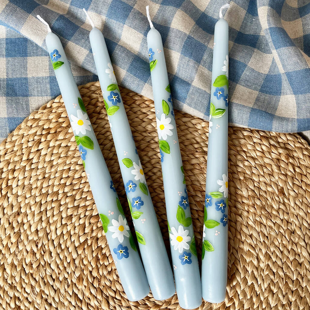 Hand Painted Forget Me Not Tapered Candles, 1 of 2