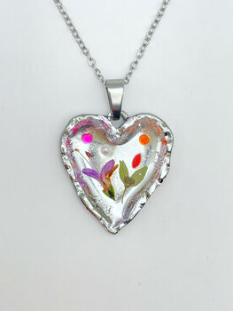 Silver Colour Heart Necklace With Pink Flowers, 6 of 10