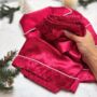 Luxury Christmas Pyjama Gift Set For Her – Deep Pink Satin Pjs, Candle, Socks And Hair Bow, thumbnail 3 of 9