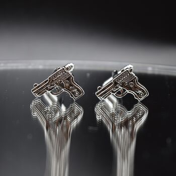 Silver Gun Cufflinks Men Gift 316 L Stainless Steel Bold Statement Accessory, 4 of 4