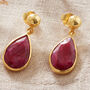 Ruby Teardrop Gold Plated Silver Ball Stud Drop Earring, thumbnail 1 of 12