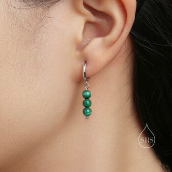 Sterling Silver Genuine Malachite Stone Trio Huggie Hoop Earrings, 3 of 11