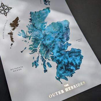 Scotland Watercolour Map With Outer Hebrides In Gold, 2 of 6