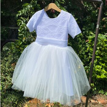 Lace Pearl Button Back With A Bow Sash Flower Girl Dress, 6 of 11