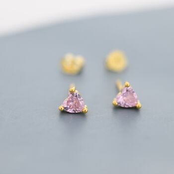Sterling Silver Tiny Tourmaline Pink Cz Heart Stud Earrings, 4 of 12