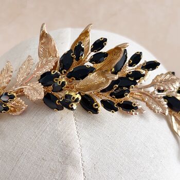 Black Crystal And Gold Leaf Bridal Crown, 3 of 7