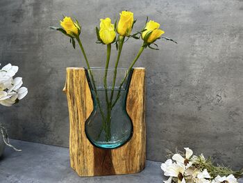 Huge Heavy 31cm Molten Glass Wedge Vase On Teak Root Flower Holder, 11 of 12