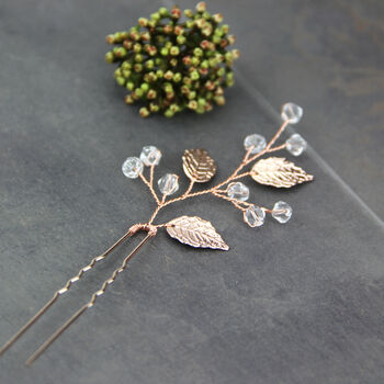 Rose Gold Plated Leaves And Crystal Hair Pin, 2 of 3