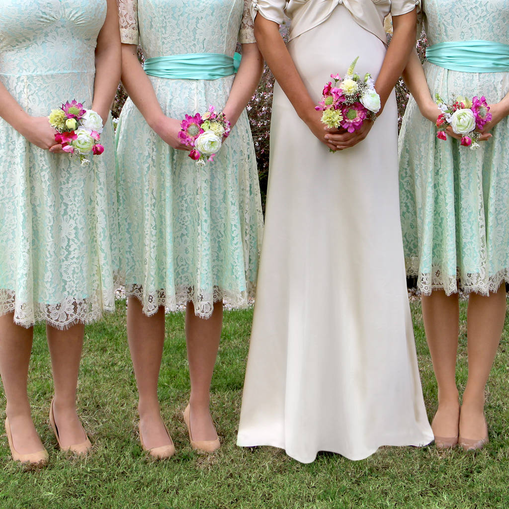 Bespoke Lace Bridesmaid Dresses In Ivory And Aqua, 1 of 5