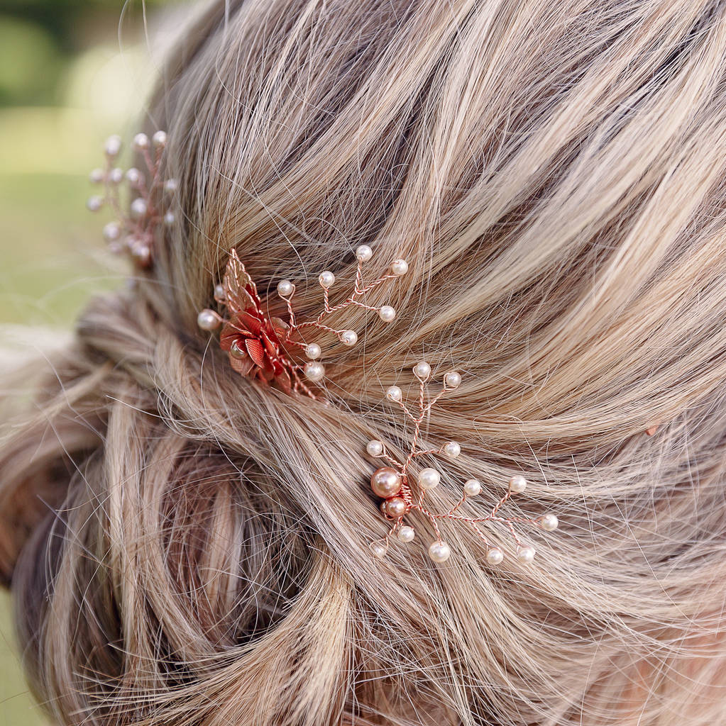 Set Of Three Rose Gold Bridal Hair Pins By Melissa Designs