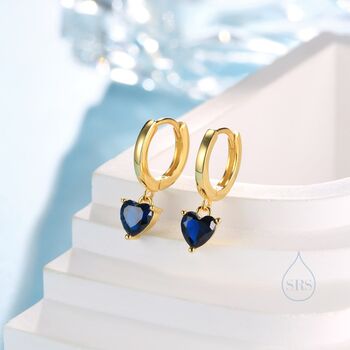 Sapphire Blue Heart Cz Huggie Hoop In Sterling Silver, 4 of 11
