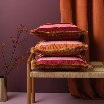 Trapeze Girl Double Sided Velvet Cushion Deep Berry Red And Stripes, 4 of 4