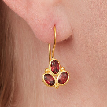 Garnet Triple Stone Gold Plated Silver Drop Earrings, 6 of 12