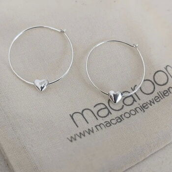 Sliding Heart Silver Hoop Earrings, 2 of 8