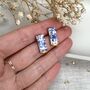 Blue And Gold Floral Ceramic Bar Stud Earrings, Minimalist Rectangular Studs, thumbnail 2 of 10