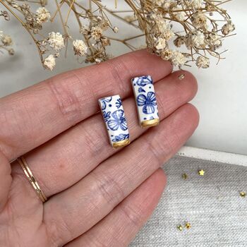 Blue And Gold Floral Ceramic Bar Stud Earrings, Minimalist Rectangular Studs, 2 of 10