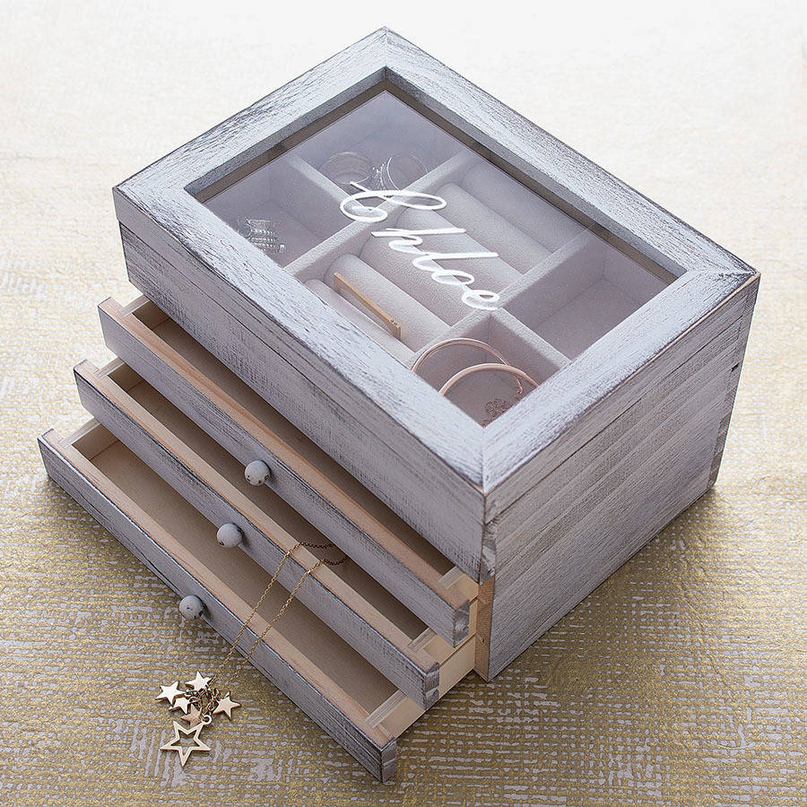 personalised wooden jewellery box with drawer by lisa angel homeware