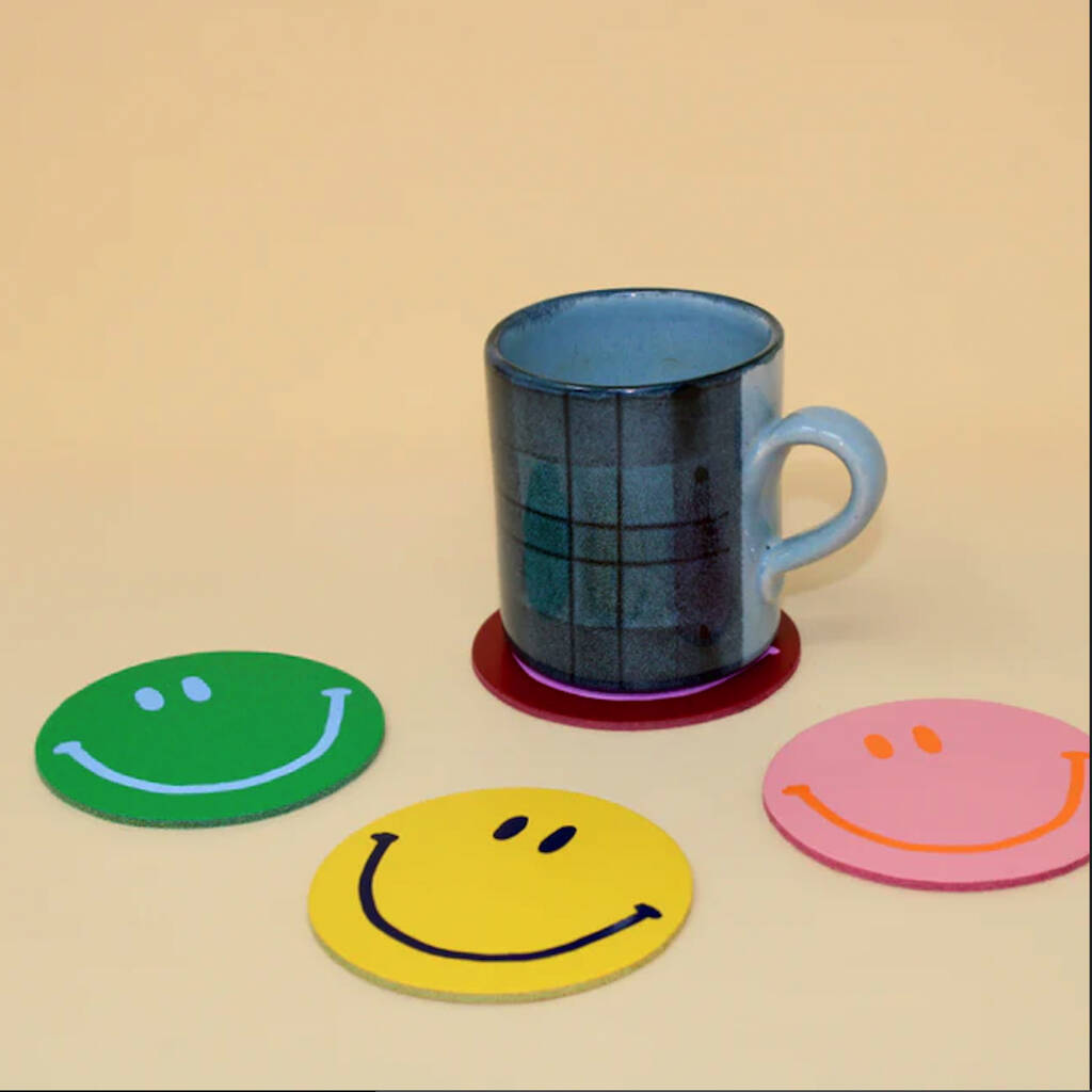 Set Of Four Happy Face Leather Coasters, 1 of 4