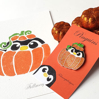 Pumpkin Penguin Enamel Pin: Glitter Halloween Badge, 3 of 6