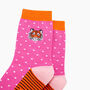 Embroidered Tiger Face Combed Cotton Socks In Pink, thumbnail 2 of 4