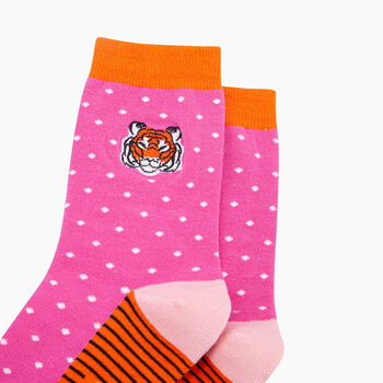 Embroidered Tiger Face Combed Cotton Socks In Pink, 2 of 4