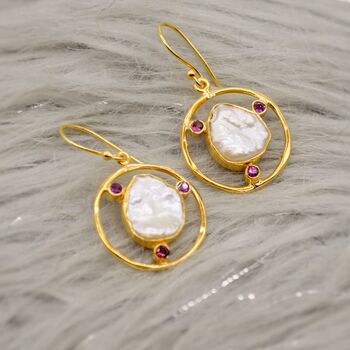 Pearl, Rhodolite Garnet Gold Earrings, 3 of 4