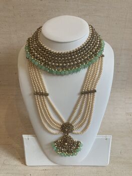 Indian Antique Gold Plated Mint Green Pearl Mala Set, 2 of 9