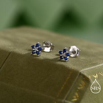 Sapphire Blue Forget Me Not Flower Cz Stud Earrings In Sterling Silver, 4 of 12