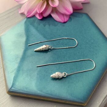Dainty Shell Threader Earrings In Silver Or 9ct Gold, 3 of 4