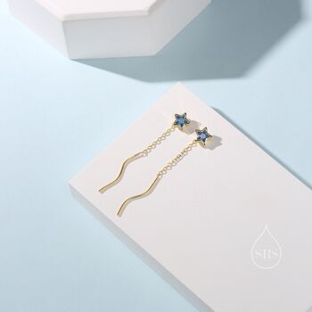 Aquamarine Blue Star Bezel Cz Crystal Threader Earrings, 3 of 10