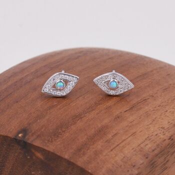 Sterling Silver Blue Opal Evil Eye Stud Earrings, 3 of 12