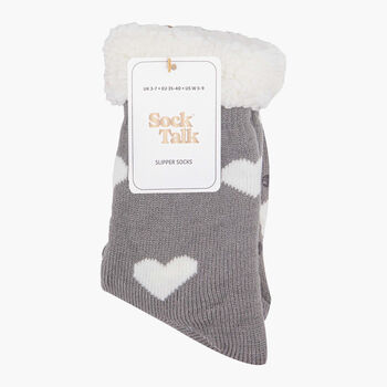 Women's Long Slipper Socks Grip Sole Hearts Grey, 3 of 3