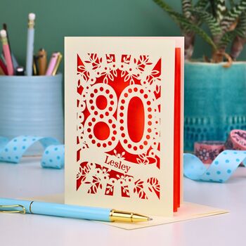 Personalised 80th Birthday Card Papercut Spotty Design, 5 of 6