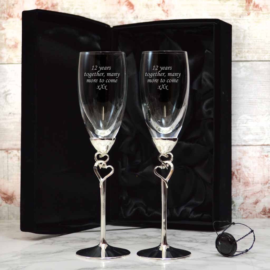 Original Engraved Champagne Flutes Set With Hearts And Diamantes 