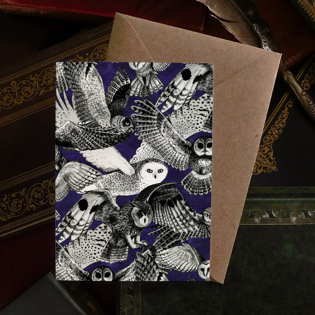 Parliament Of Owls Print Greetings Card Dark Background, 1 of 3