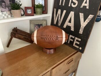Leather American Football With Stripes And Wooden Stand, 3 of 4