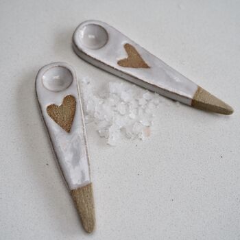 Handmade Mini Valentines Oatmeal Pottery Heart Spoon, 2 of 5