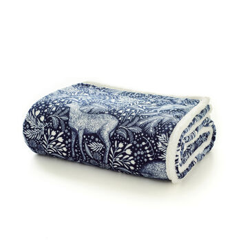 Woodland Folk Throw, Enchanted Forest Deer Print Flannel And Sherpa 140x180cm, 2 of 3