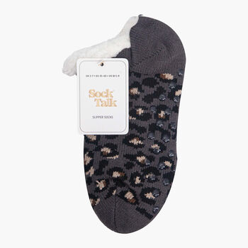 Women's Short Slipper Socks Grip Sole Leopard Print Dark Grey, 2 of 2