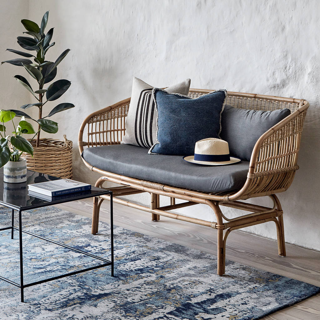 Natural Rattan Sofa With Grey Cushions By Out There Interiors